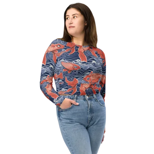 Navy Koi on a Long Sleeve Crop Top