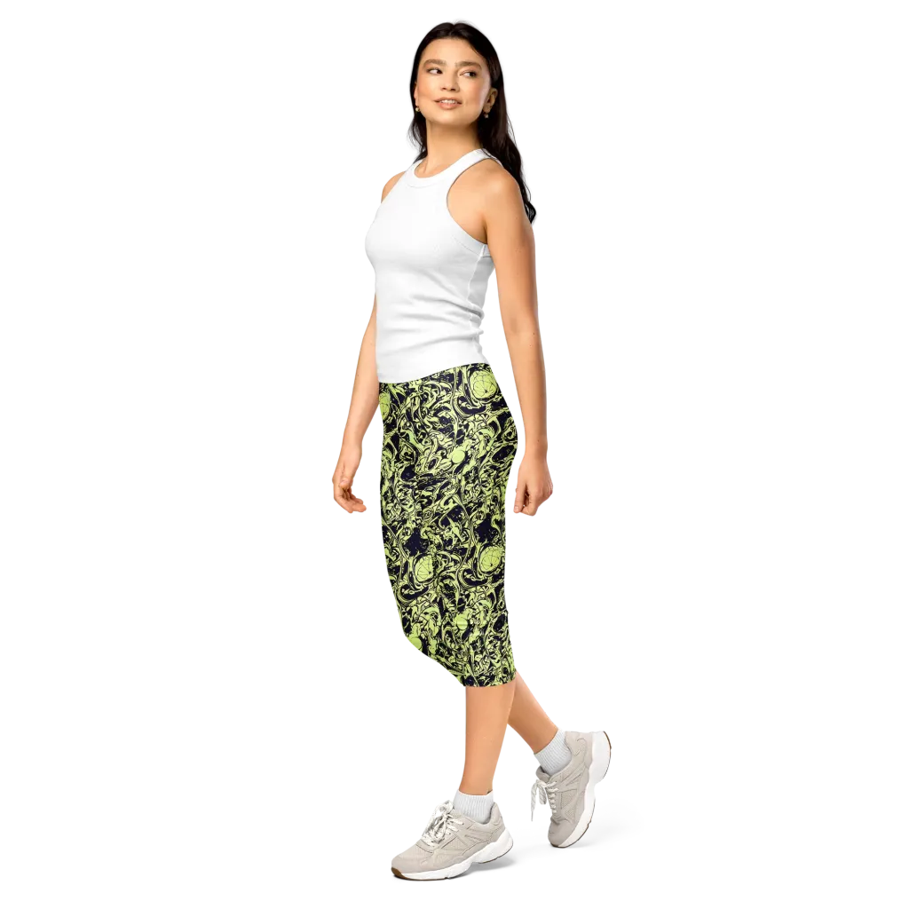 Chartreuse Chaos on Capri Leggings — Left Front