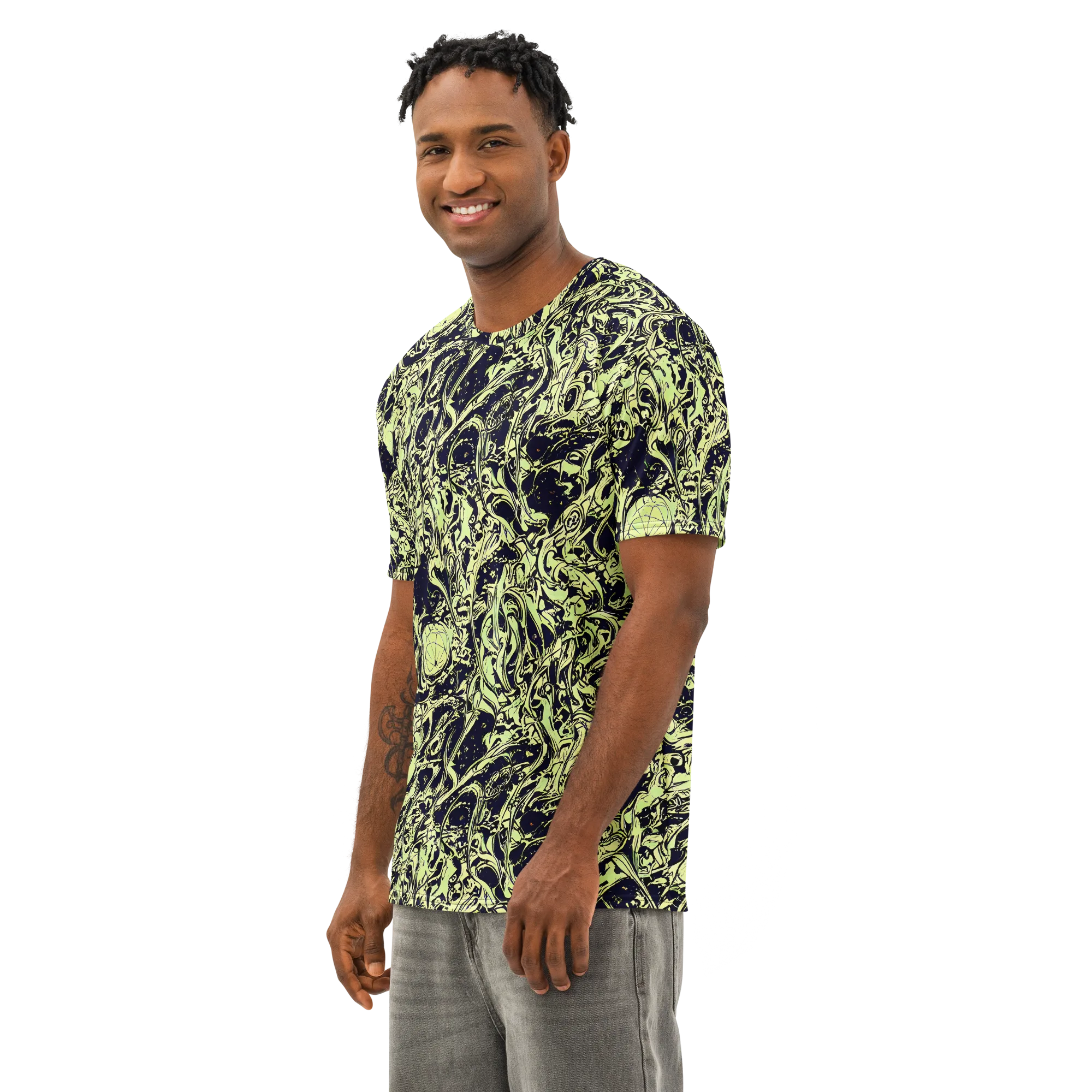 Chartreuse Chaos on Men's Cotton Crew Neck T-Shirt — Left Front