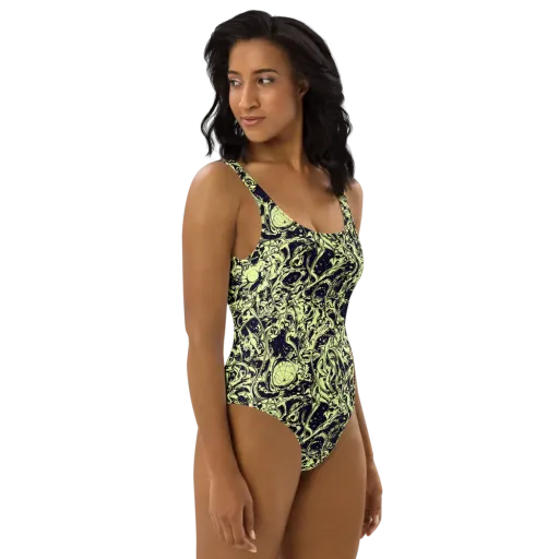 Chartreuse Chaos on a One-Piece Swimsuit