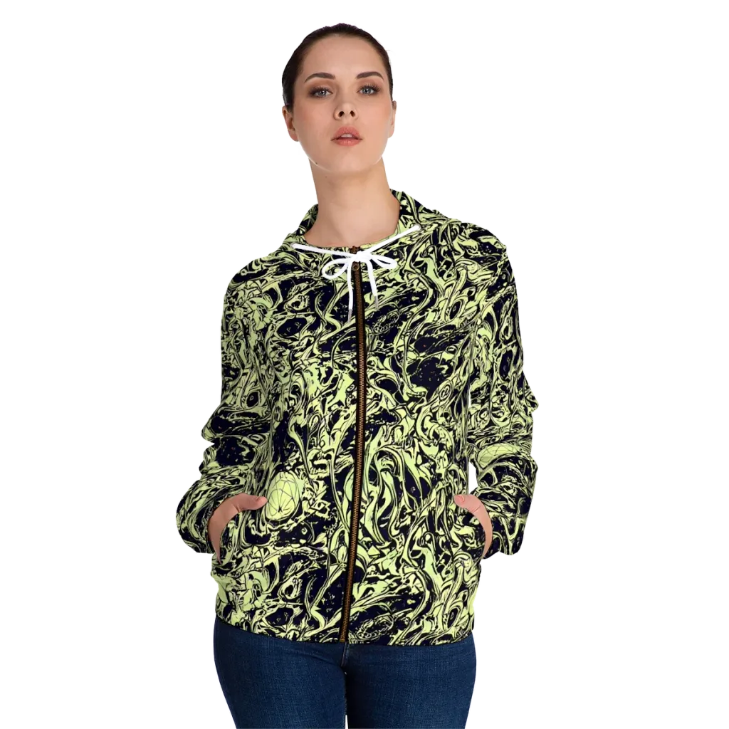 Chartreuse Chaos on Women's Full-Zip Hoodie — Front On Person