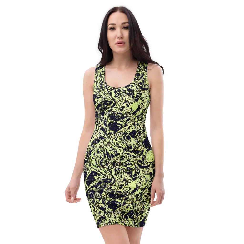 Chartreuse Chaos on Bodycon Dress — Front