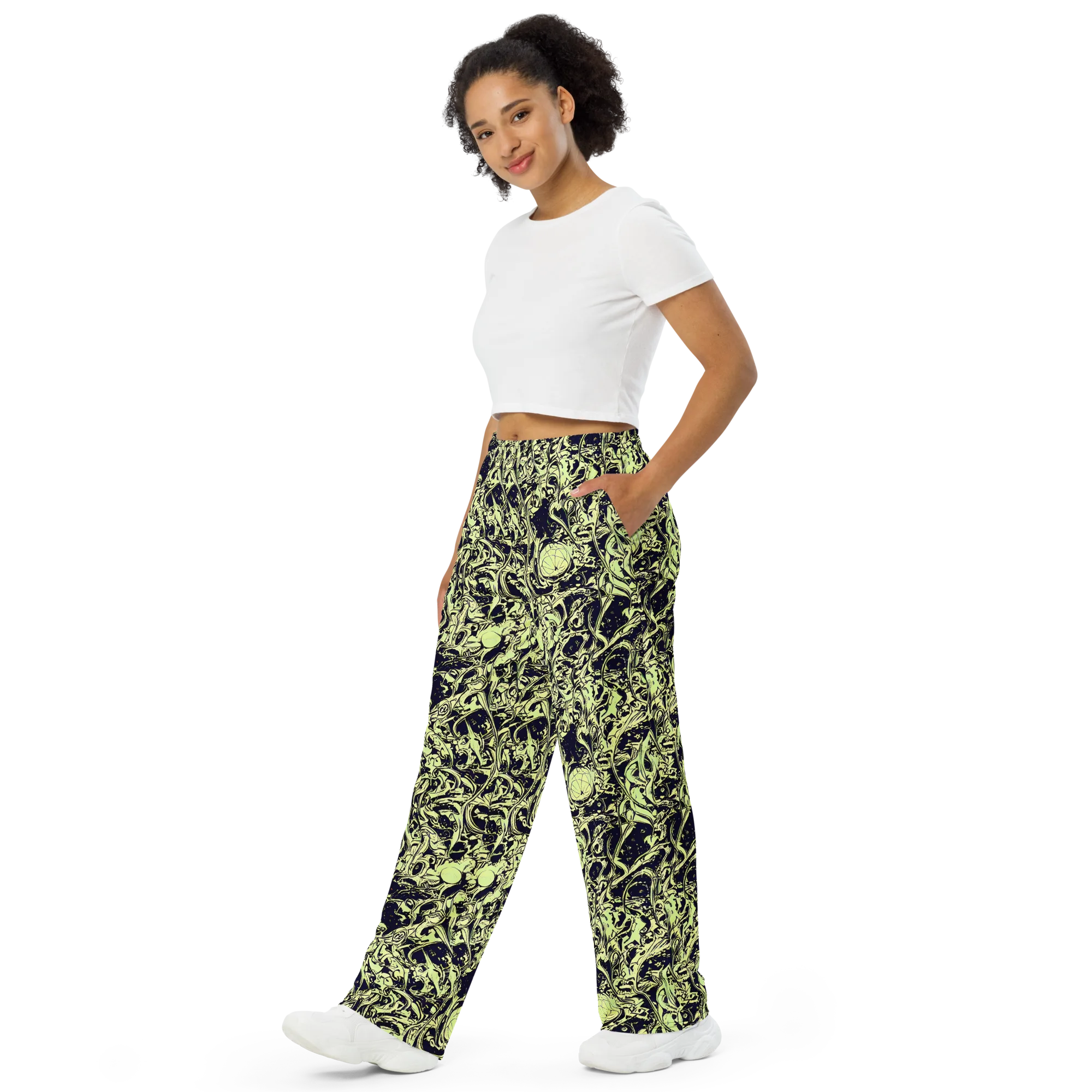 Chartreuse Chaos on Wide-Leg Pants — Left Front