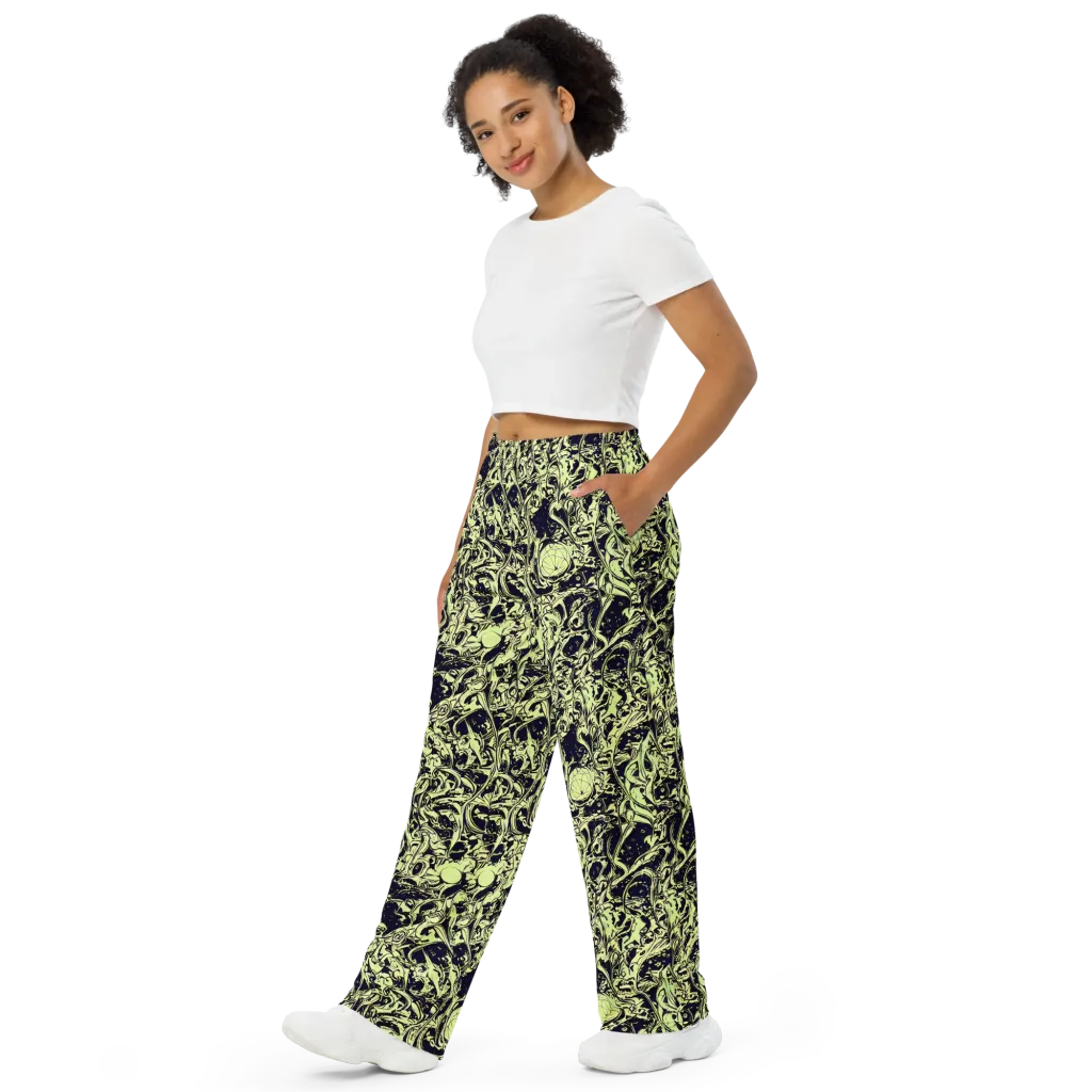 Chartreuse Chaos on Wide-Leg Pants — Left Front