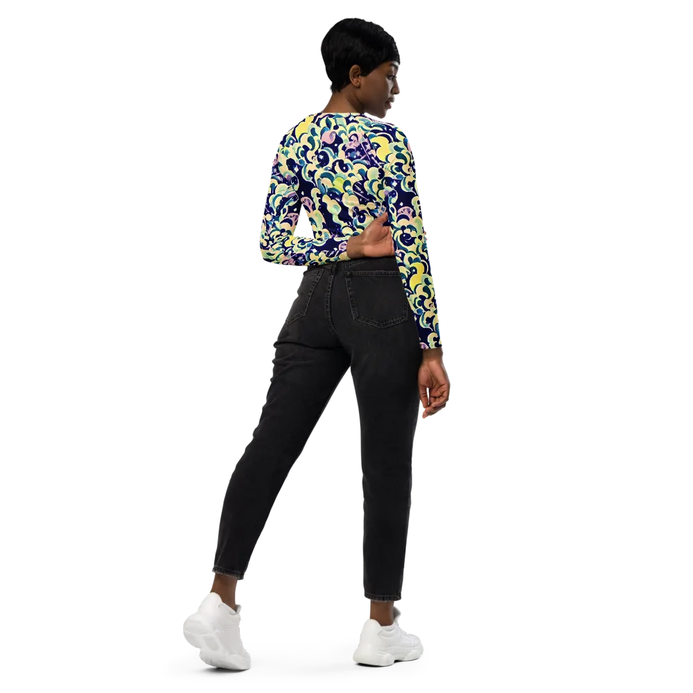 Neon Petal Storm on Long Sleeve Crop Top — Right Back