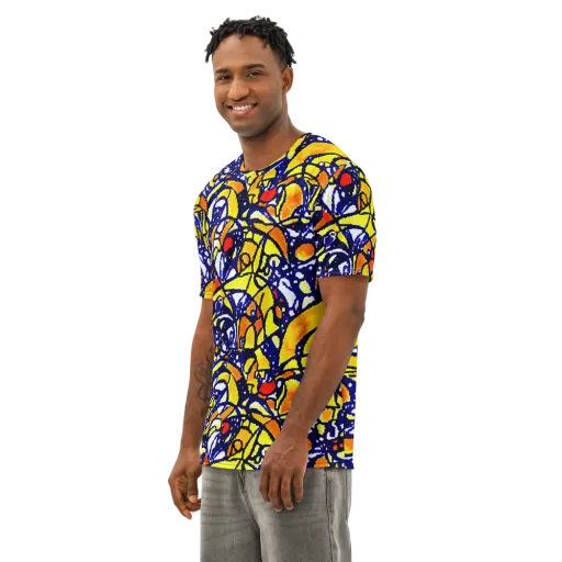 Electric Sunburst on a Men's Cotton Crew Neck T-Shirt