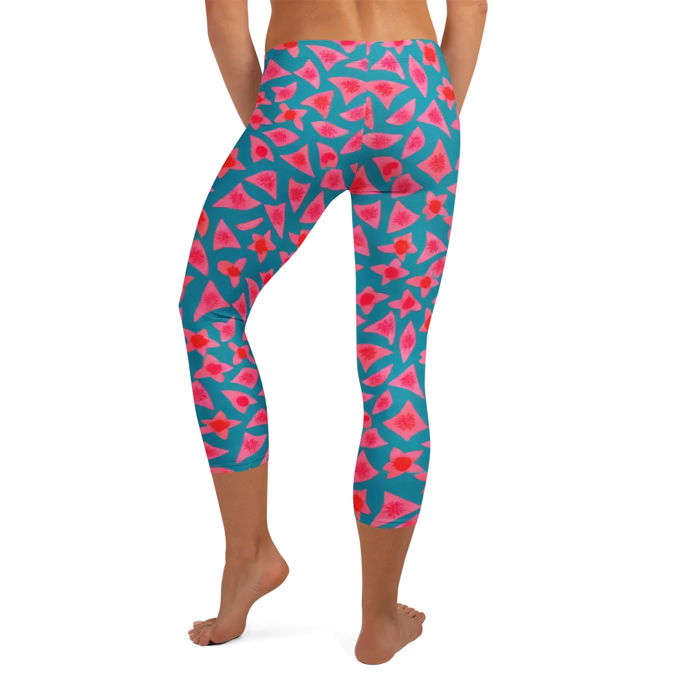 Neon Hibiscus Scatter on Capri Leggings — Back