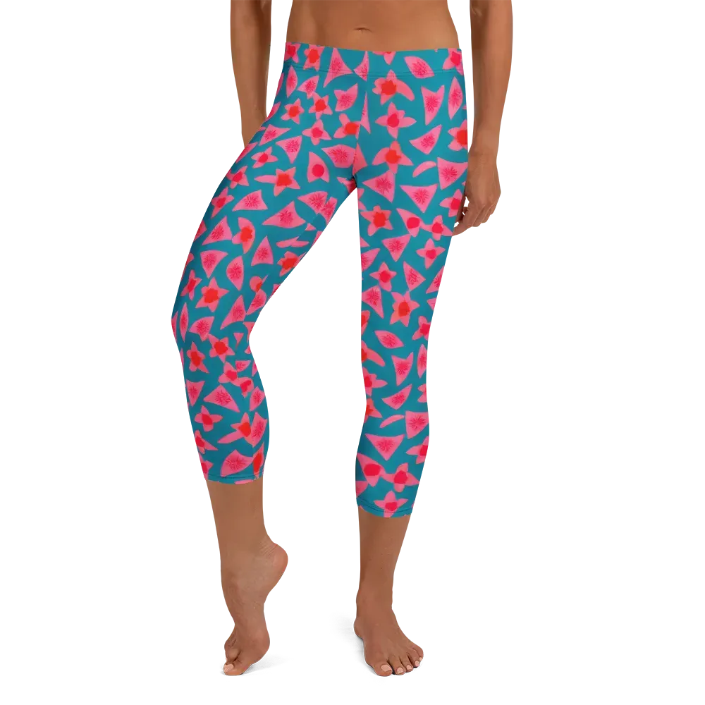Neon Hibiscus Scatter on Capri Leggings — Front