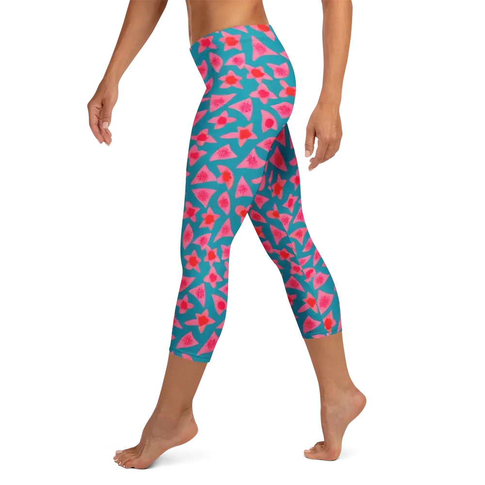 Neon Hibiscus Scatter on Capri Leggings — Left