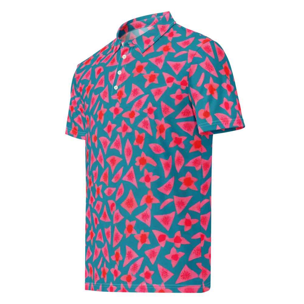 Neon Hibiscus Scatter on Men's Slim Fit Polo Shirt — Left Front