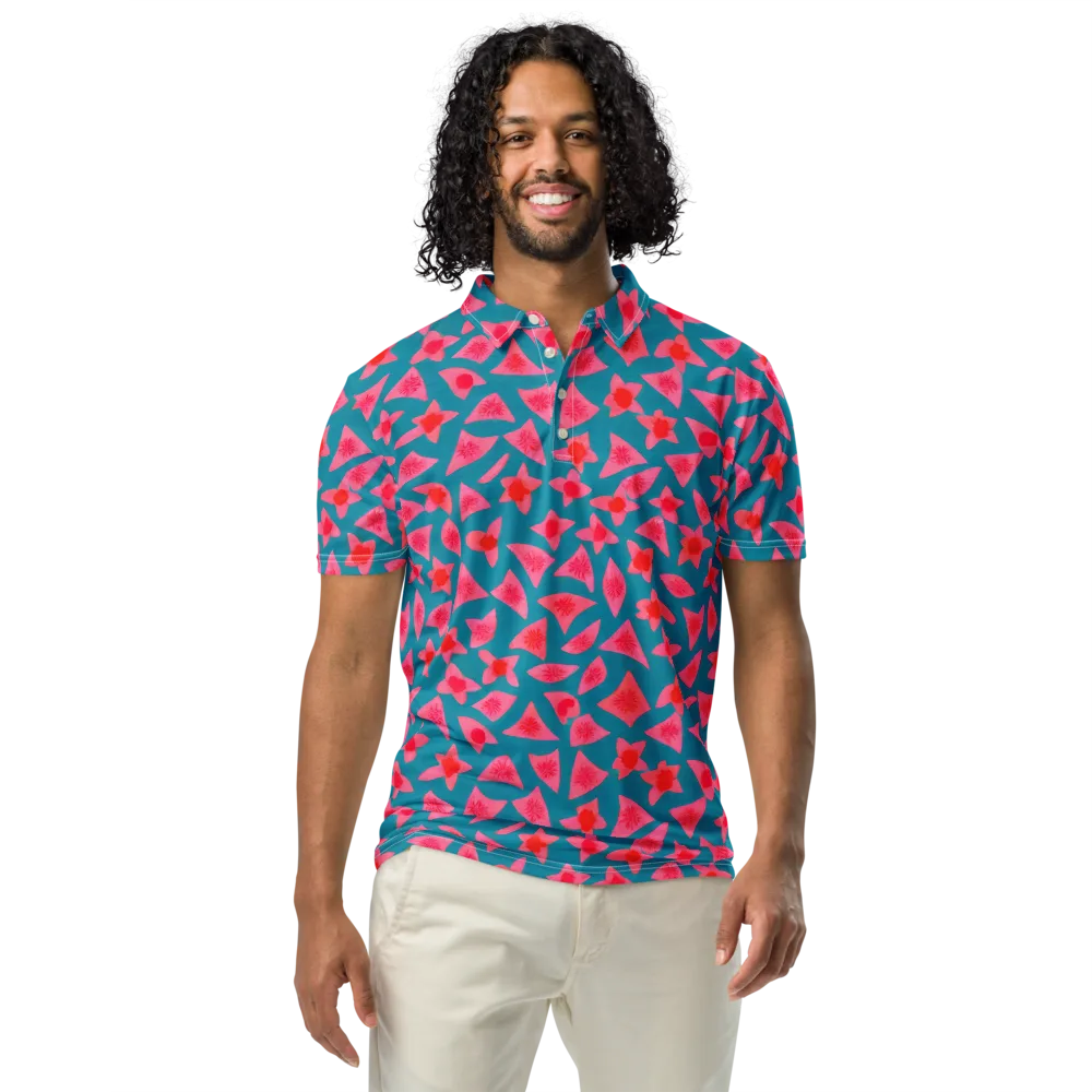 Neon Hibiscus Scatter on Men's Slim Fit Polo Shirt — Front