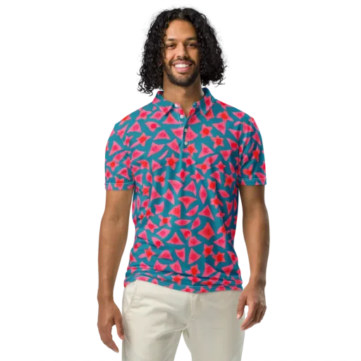 Neon Hibiscus Scatter on a Men's Slim Fit Polo Shirt