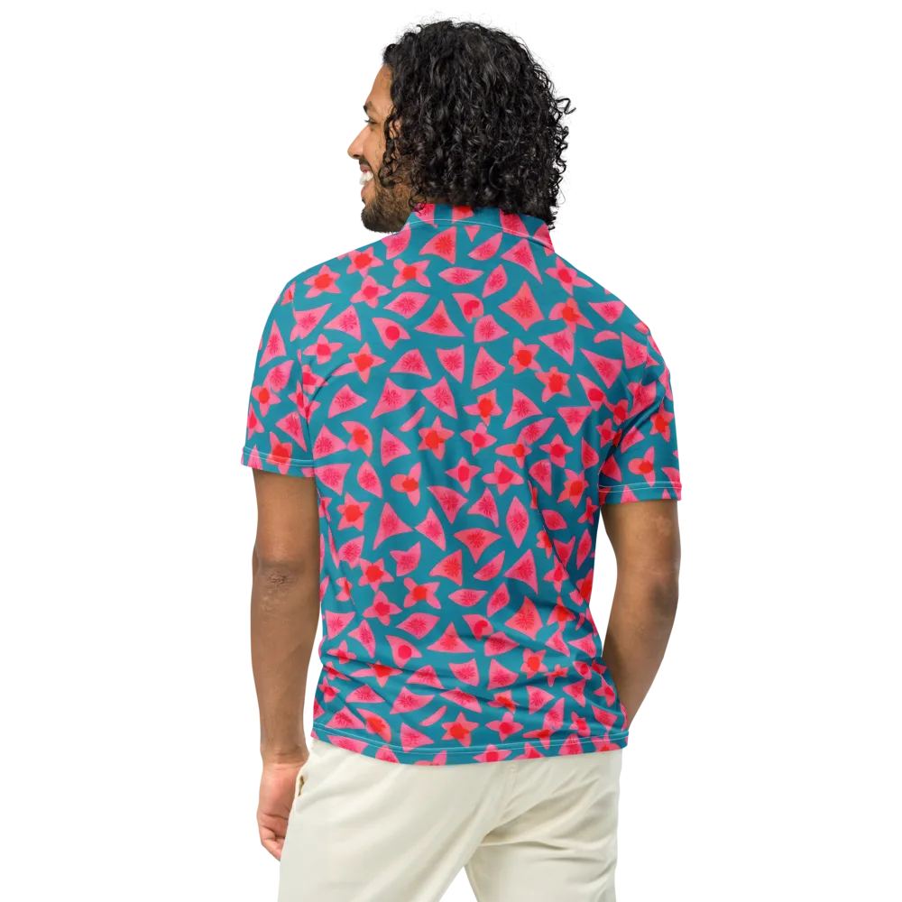 Neon Hibiscus Scatter on Men's Slim Fit Polo Shirt — Back