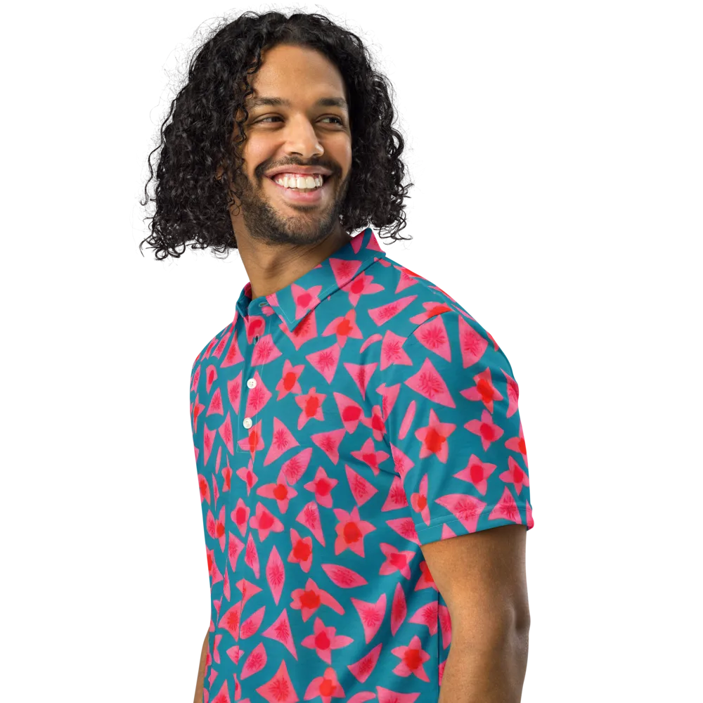 Neon Hibiscus Scatter on Men's Slim Fit Polo Shirt — Left Front