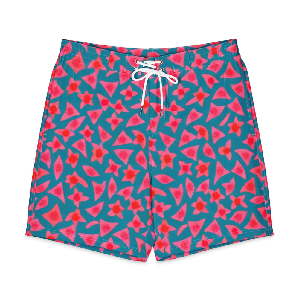 Neon Hibiscus Scatter on Men's Board Shorts — Front