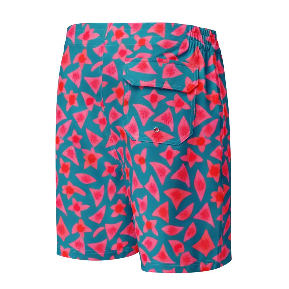 Neon Hibiscus Scatter on Men's Board Shorts — Back