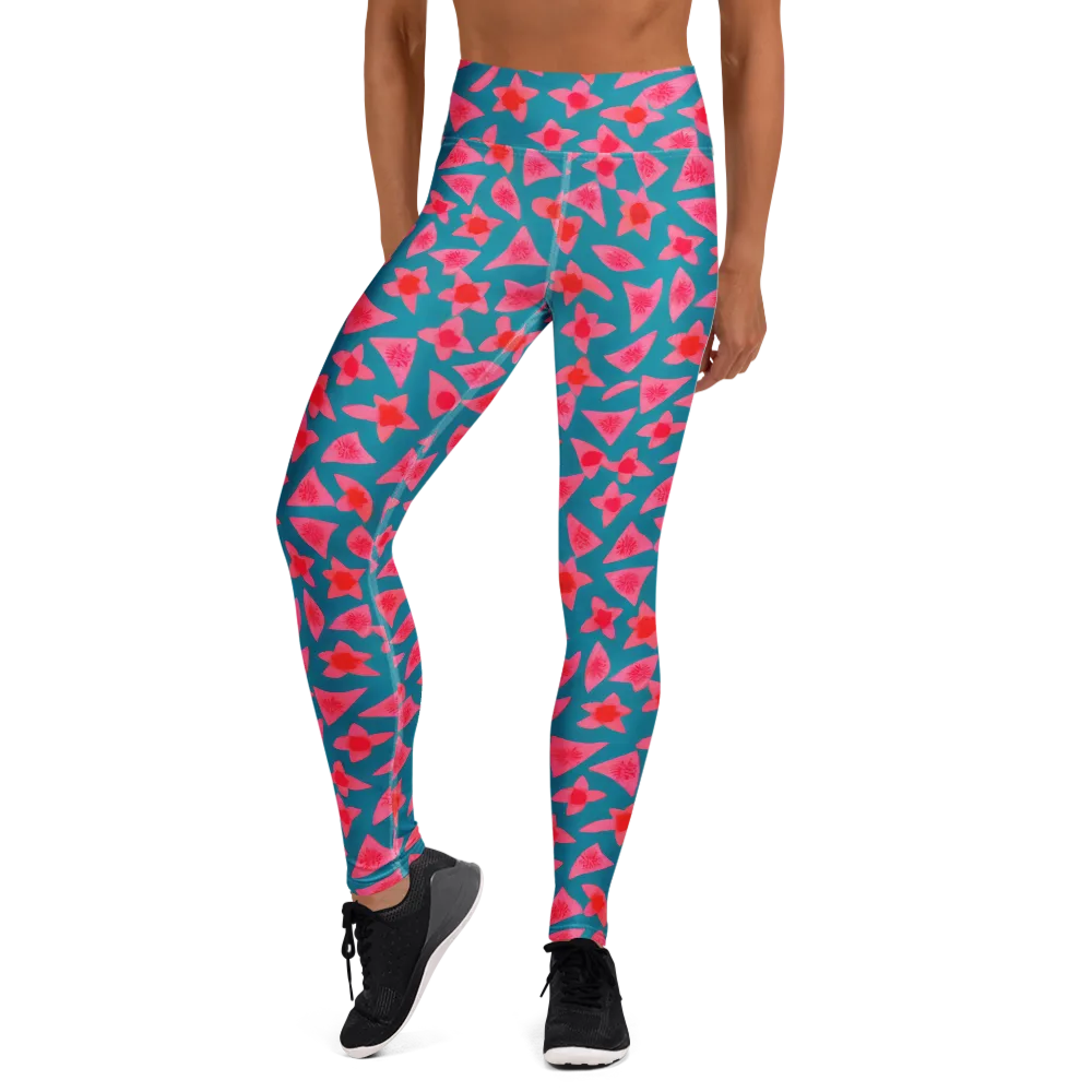 Neon Hibiscus Scatter on Yoga Leggings — Front