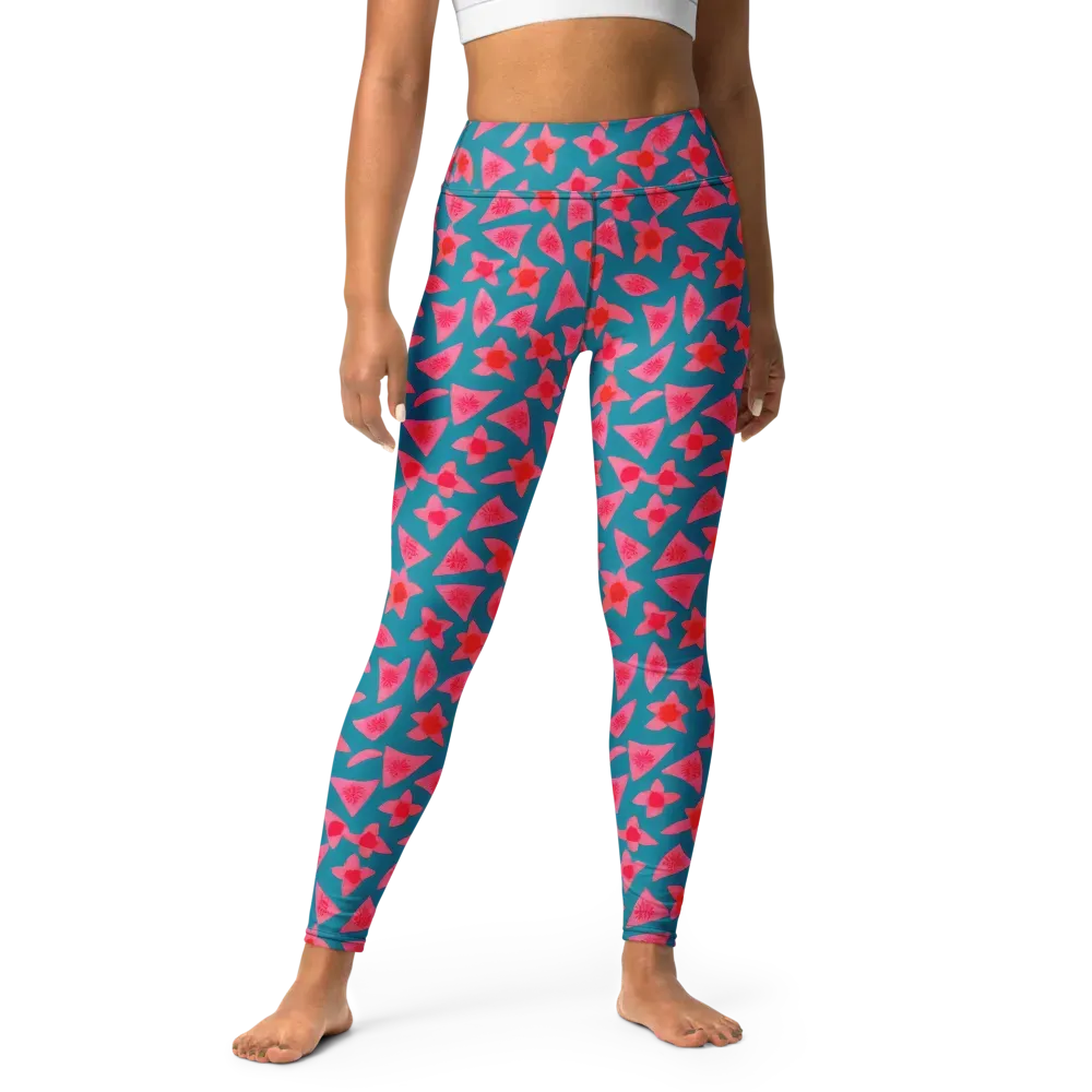 Neon Hibiscus Scatter on Yoga Leggings — Front
