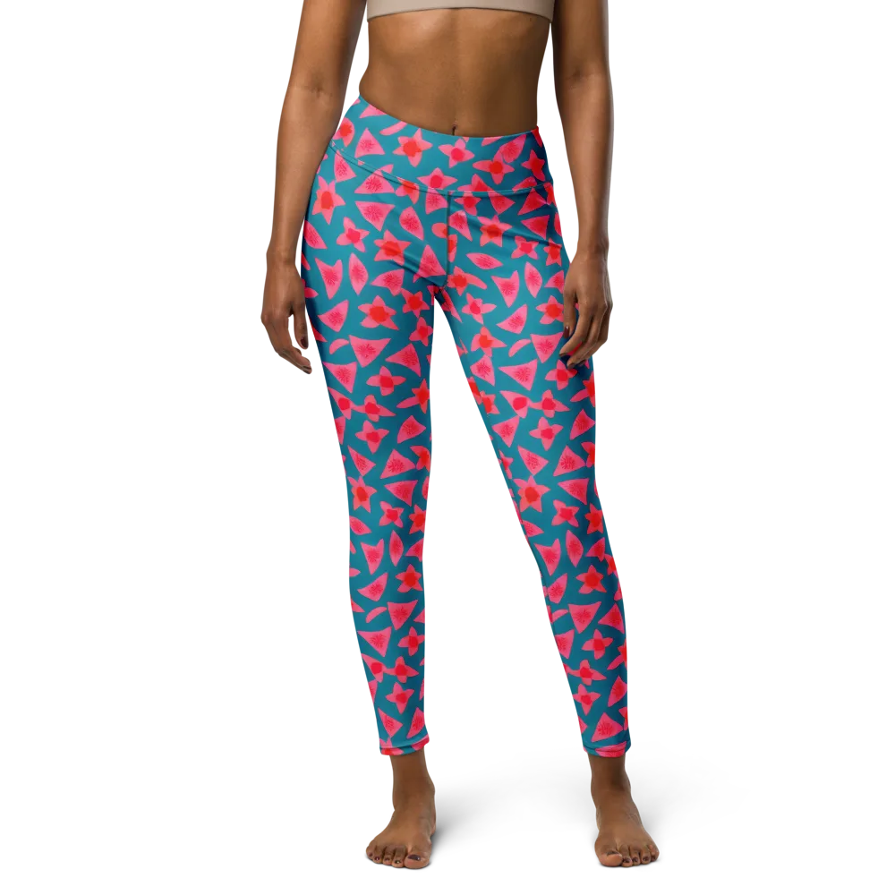 Neon Hibiscus Scatter on Yoga Leggings — Front