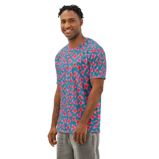 Neon Hibiscus Scatter on a Men's Cotton Crew Neck T-Shirt
