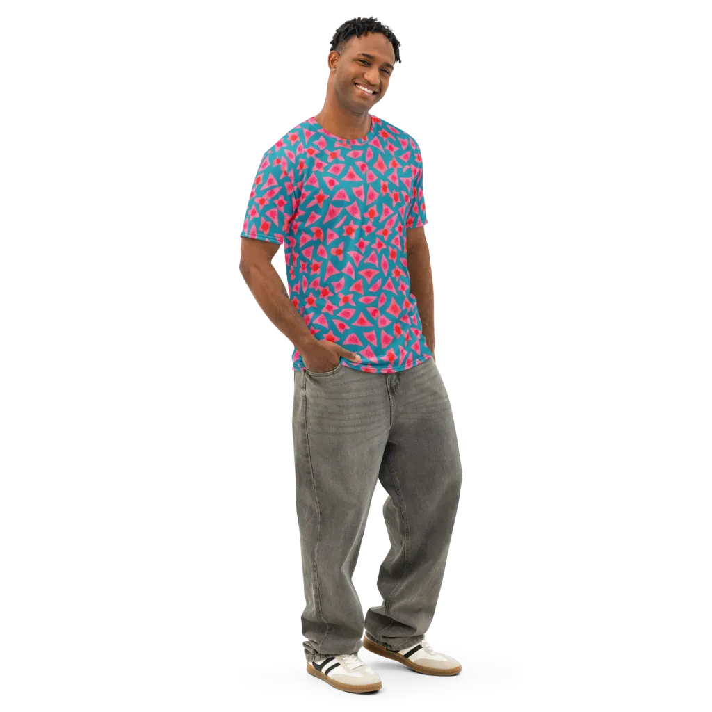 Neon Hibiscus Scatter on Men's Cotton Crew Neck T-Shirt — Right Front