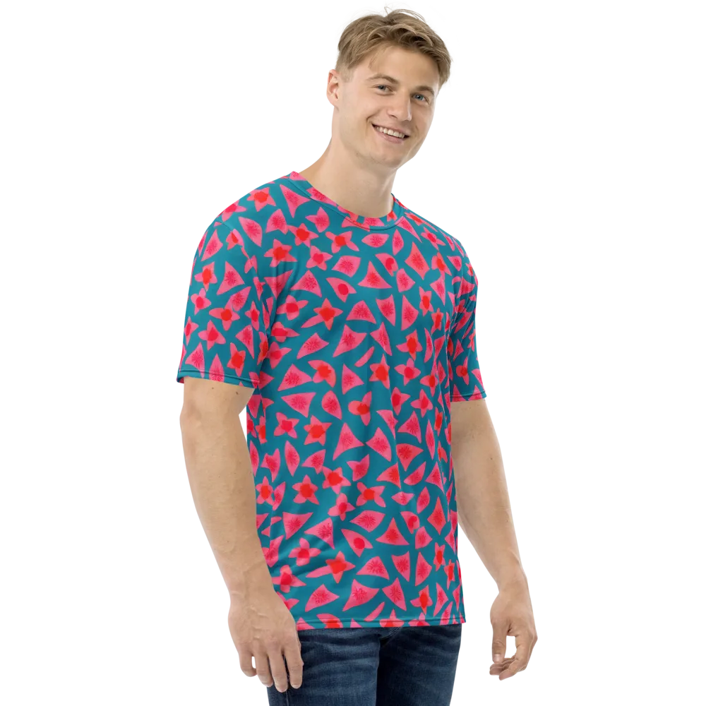 Neon Hibiscus Scatter on Men's Crew Neck T-Shirt — Right