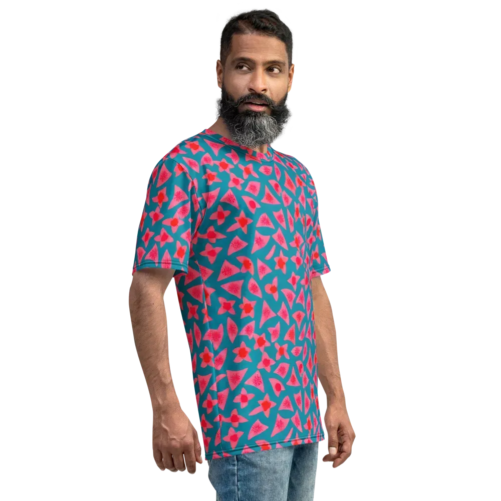 Neon Hibiscus Scatter on Men's Crew Neck T-Shirt — Right