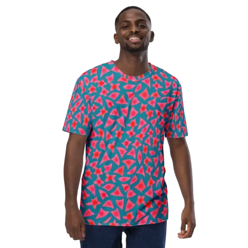 Neon Hibiscus Scatter on a Men's Crew Neck T-Shirt