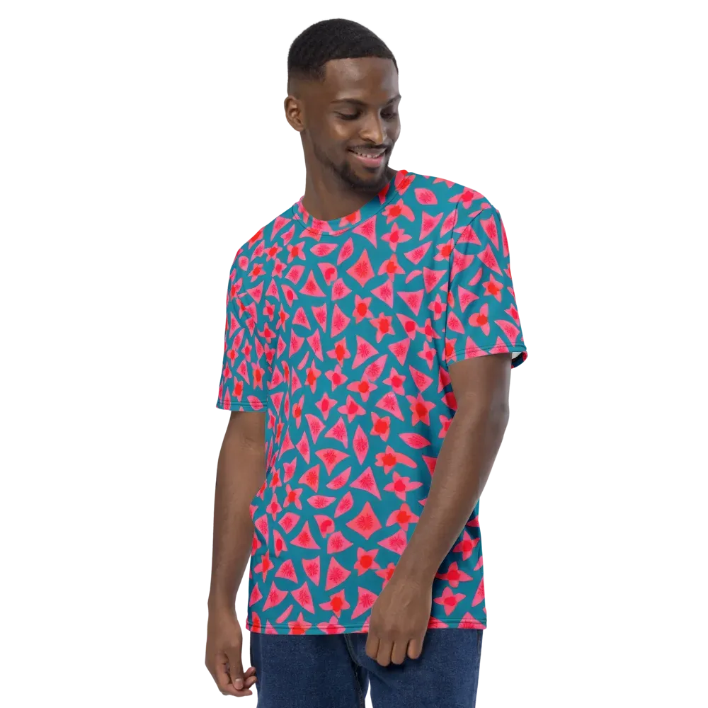 Neon Hibiscus Scatter on Men's Crew Neck T-Shirt — Left