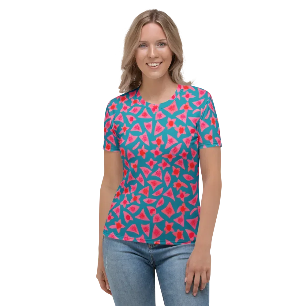 Neon Hibiscus Scatter on Women's Crew Neck T-Shirt — Front