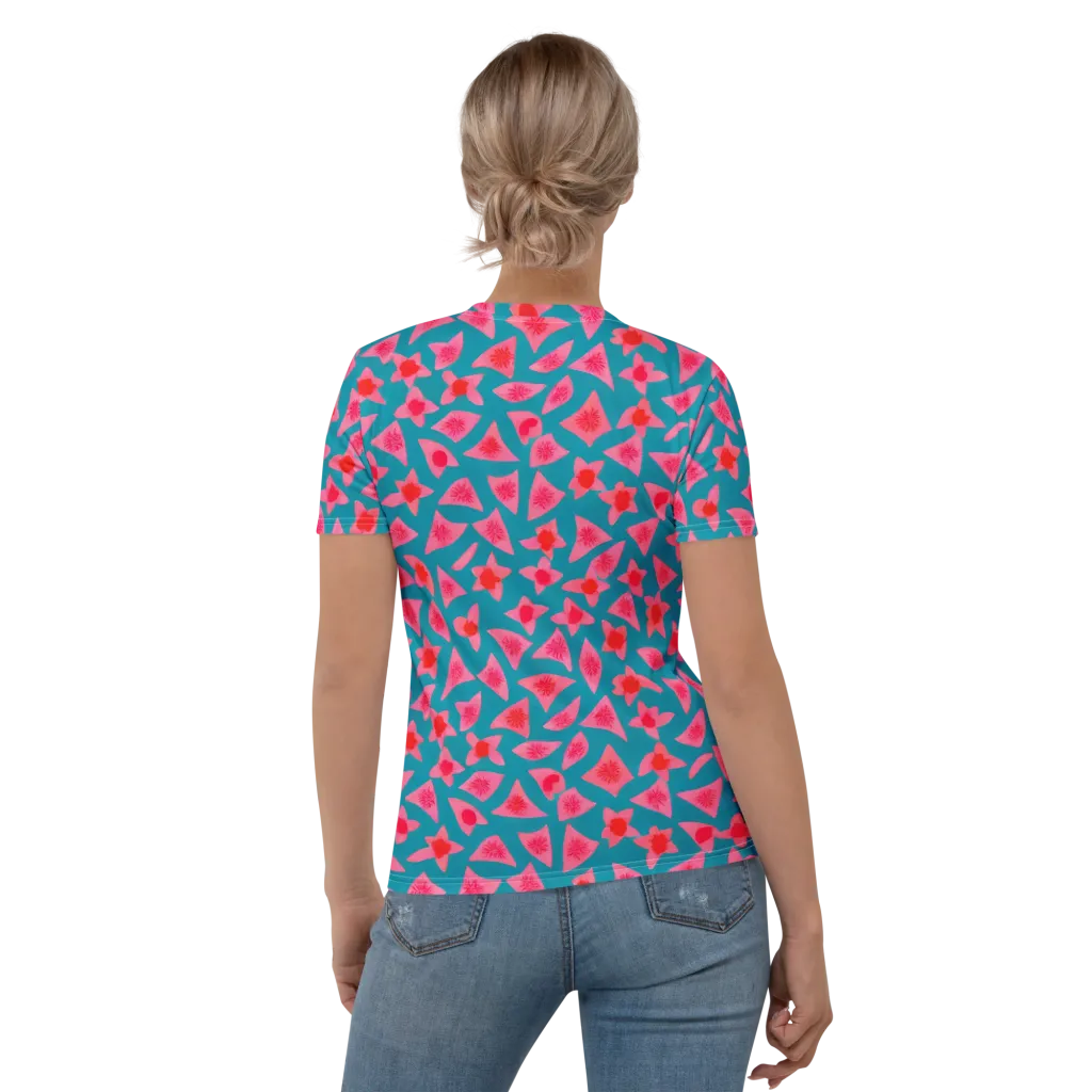 Neon Hibiscus Scatter on Women's Crew Neck T-Shirt — Back