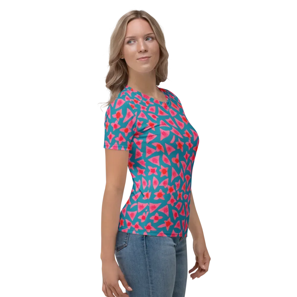 Neon Hibiscus Scatter on Women's Crew Neck T-Shirt — Right