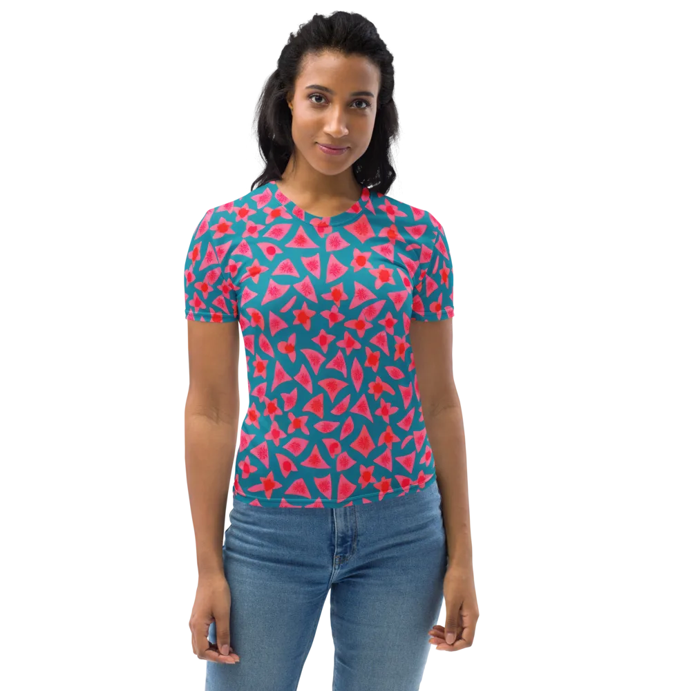 Neon Hibiscus Scatter on Women's Crew Neck T-Shirt — Front