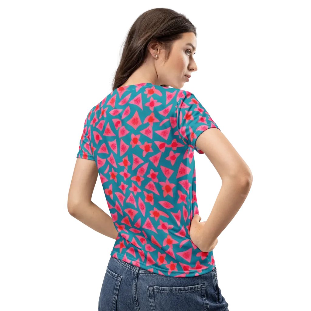 Neon Hibiscus Scatter on Women's Crew Neck T-Shirt — Back