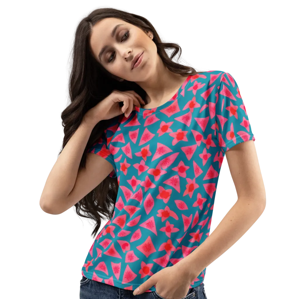 Neon Hibiscus Scatter on Women's Crew Neck T-Shirt — Left Front