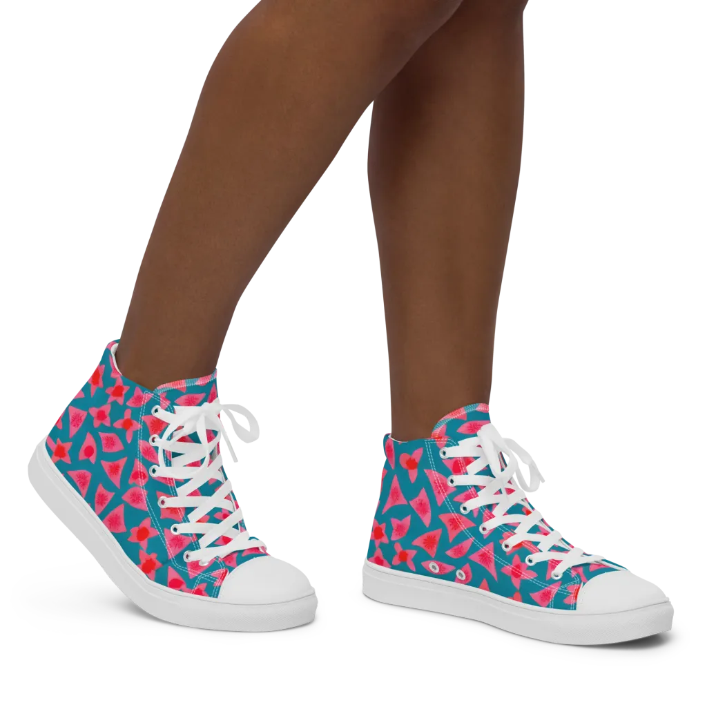Neon Hibiscus Scatter on Women's High Top Canvas Shoes — Right