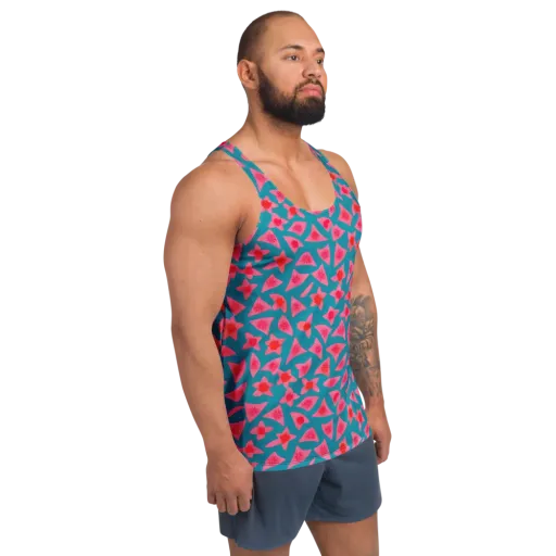 Neon Hibiscus Scatter on a Men's Tank Top