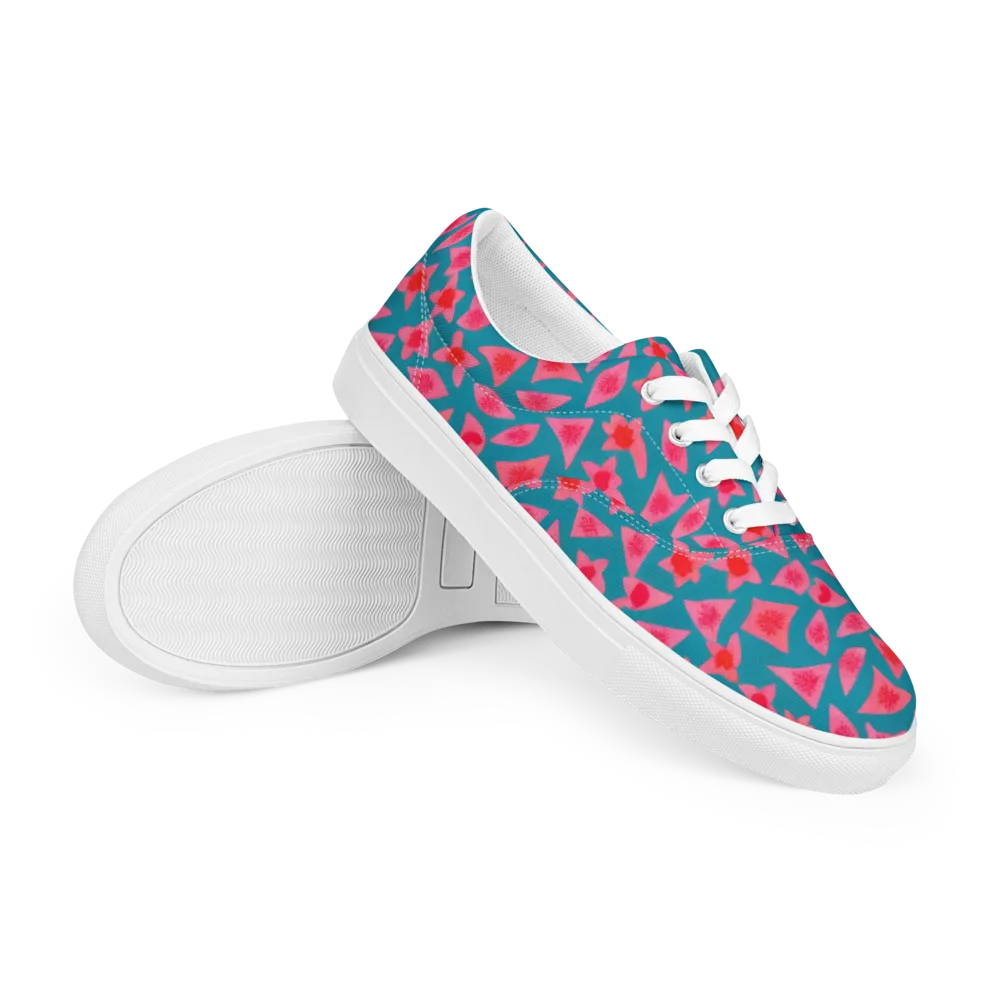 Neon Hibiscus Scatter on Men's Lace-Up Canvas Shoes — Right Front