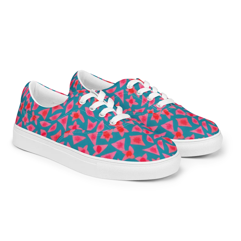 Neon Hibiscus Scatter on Men's Lace-Up Canvas Shoes — Right Front
