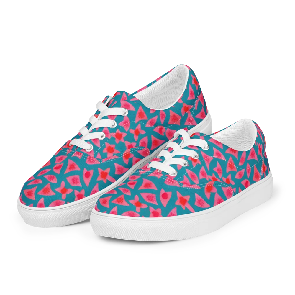 Neon Hibiscus Scatter on Men's Lace-Up Canvas Shoes — Left Front