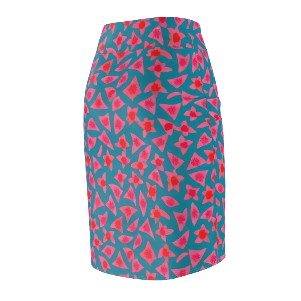 Neon Hibiscus Scatter on Pencil Skirt — Back Side