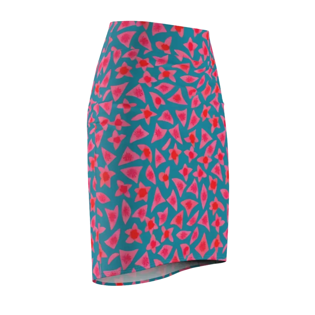 Neon Hibiscus Scatter on Pencil Skirt — Front Side