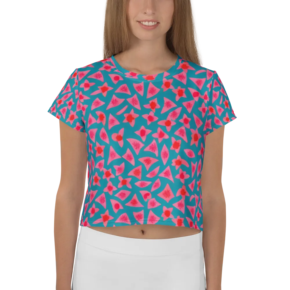 Neon Hibiscus Scatter on Crop Tee — Front