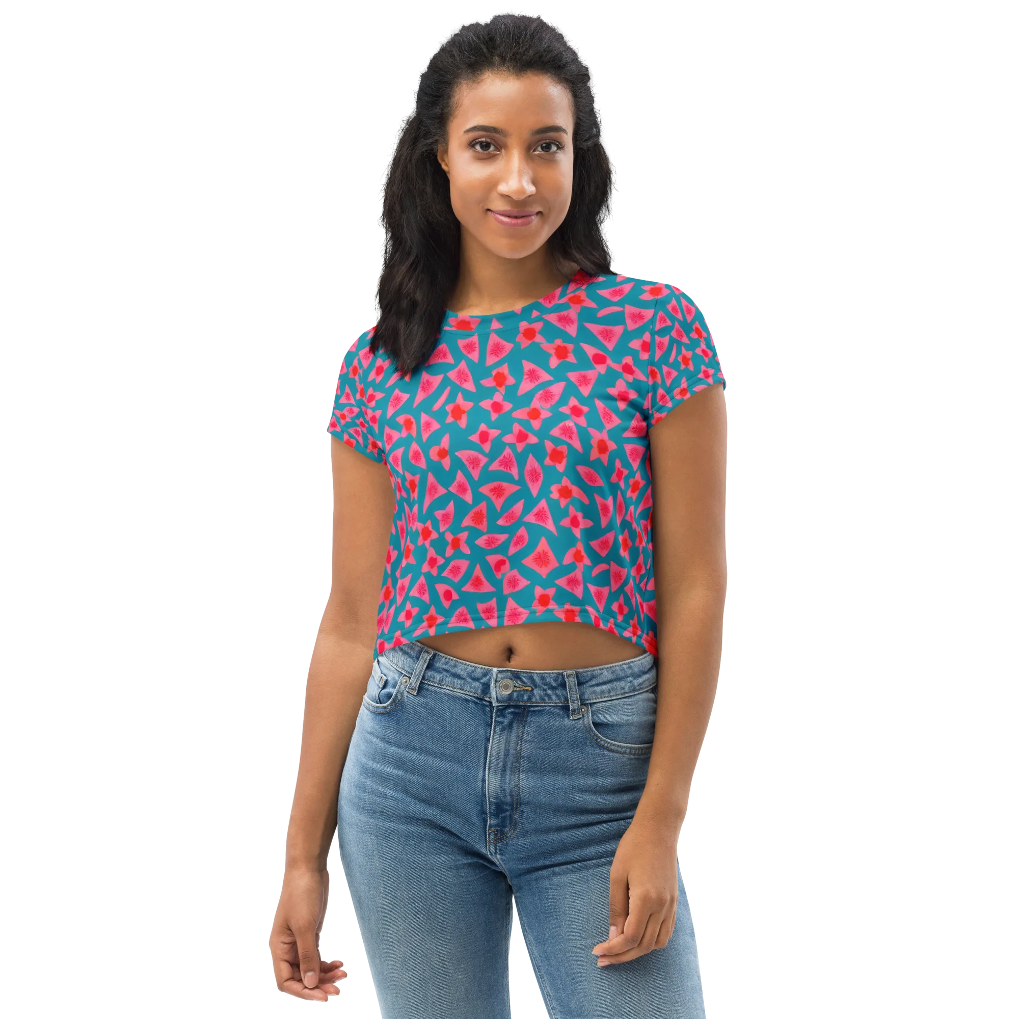 Neon Hibiscus Scatter on Crop Tee — Front