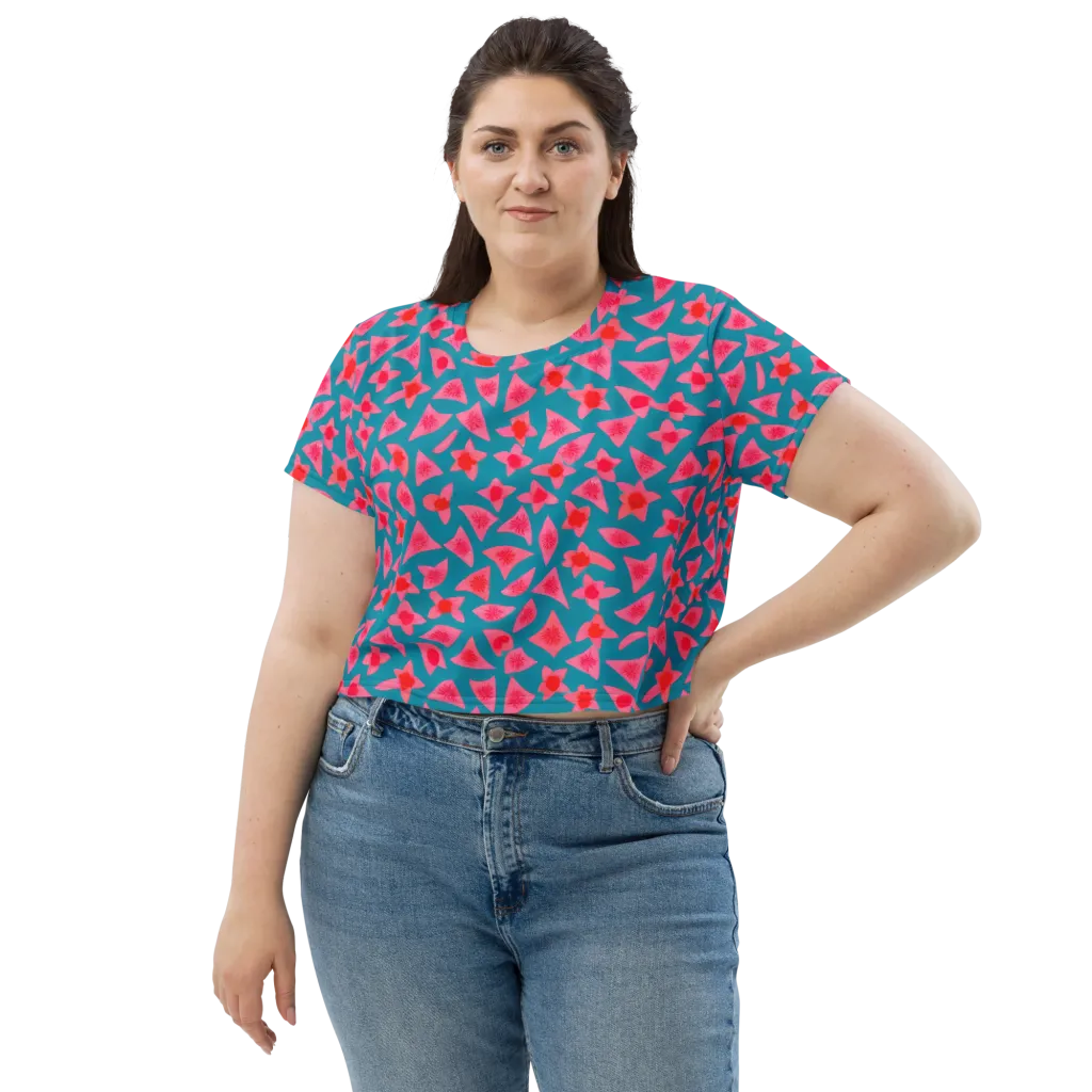 Neon Hibiscus Scatter on Crop Tee — Front