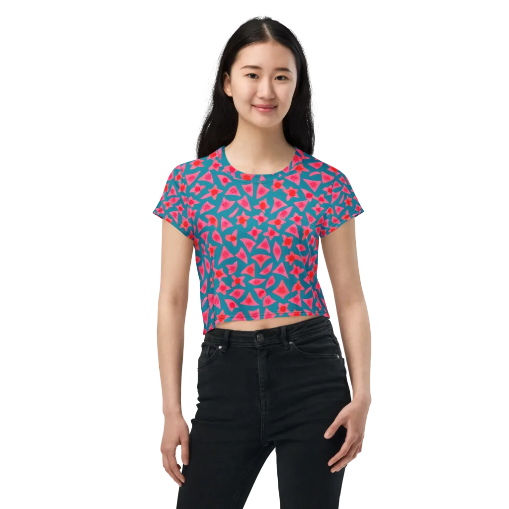 Neon Hibiscus Scatter on Crop Tee — Front