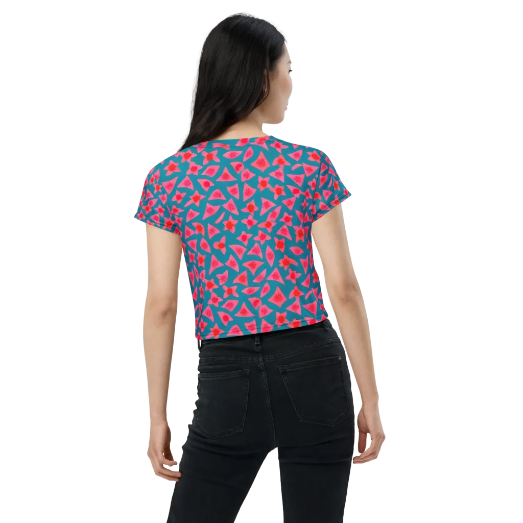 Neon Hibiscus Scatter on Crop Tee — Back