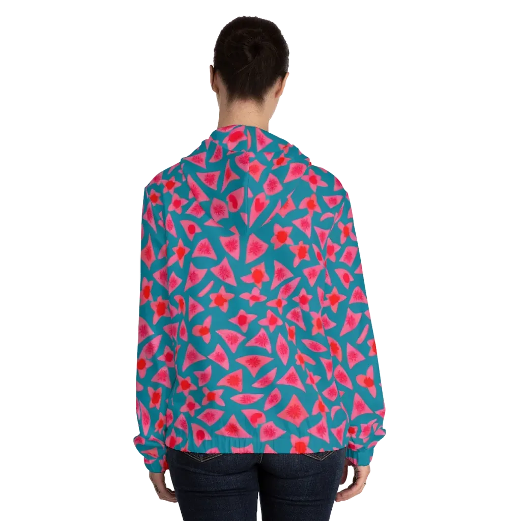Neon Hibiscus Scatter on Women's Full-Zip Hoodie — Back On Person