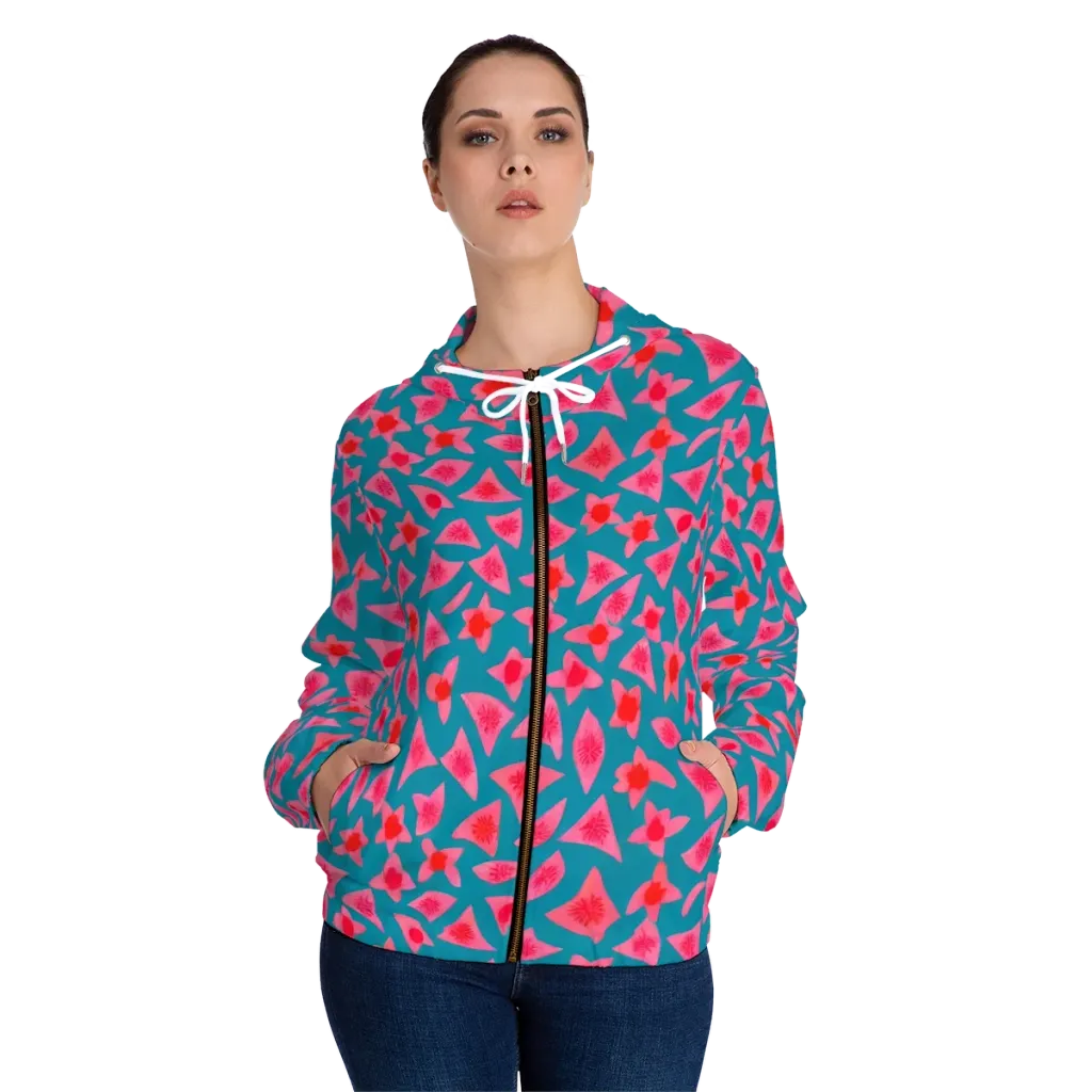 Neon Hibiscus Scatter on Women's Full-Zip Hoodie — Front On Person