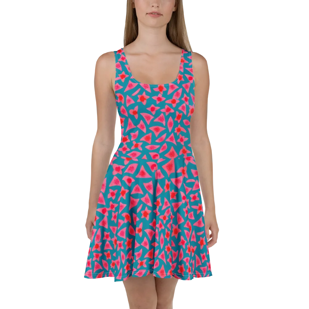 Neon Hibiscus Scatter on Skater Dress — Front